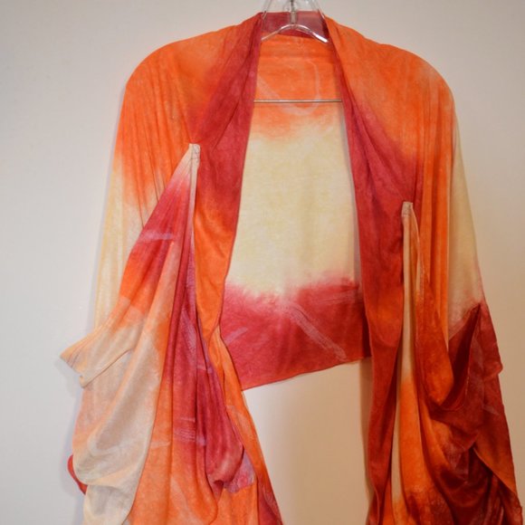 Shawl Scarf with Pouches Orange-Red-Yellow Wide White Prints Silky Wrap 70'x25' - Picture 3 of 13